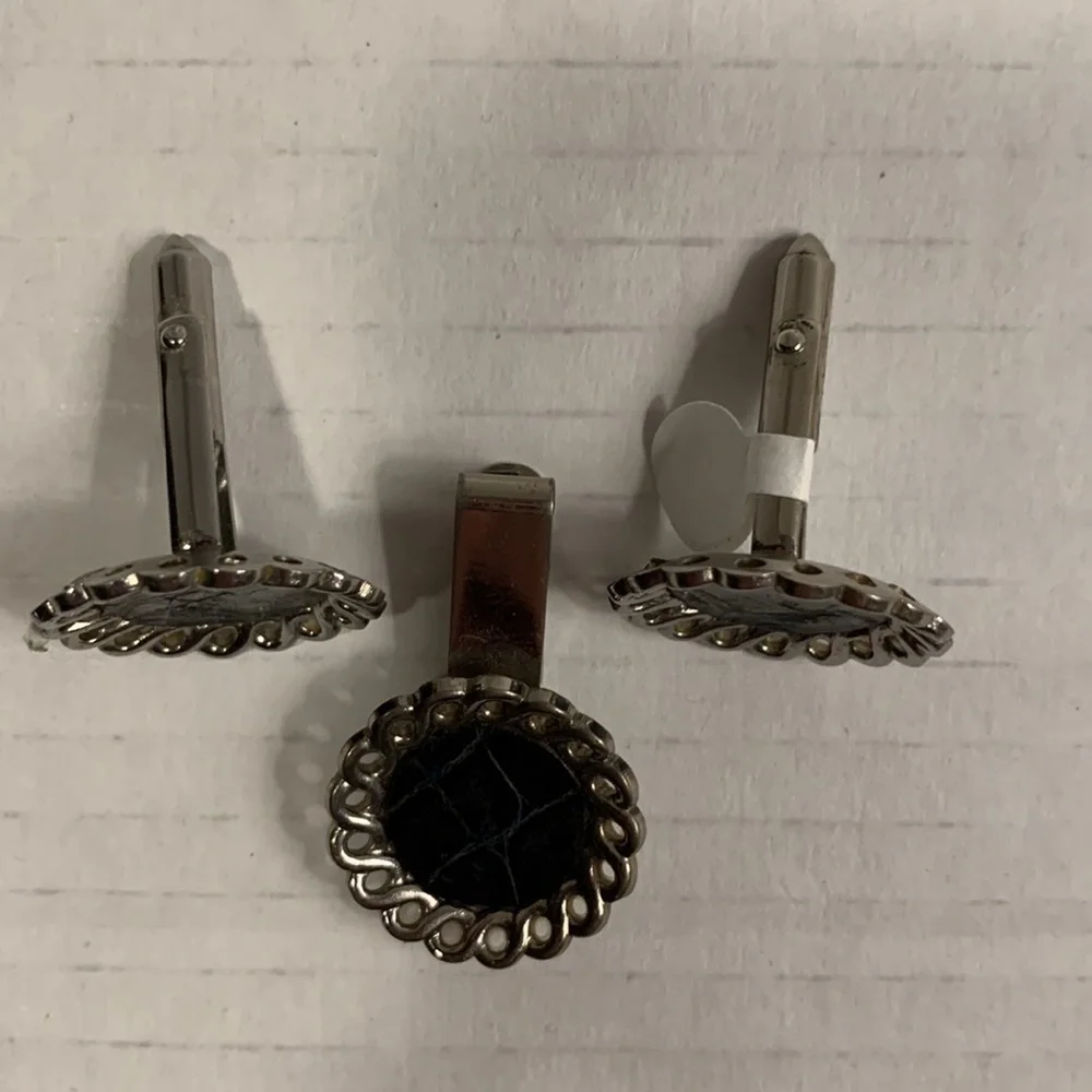 SILVER Tone Cuff Links w/ Tie Tack- leather inside- good condition- vintage